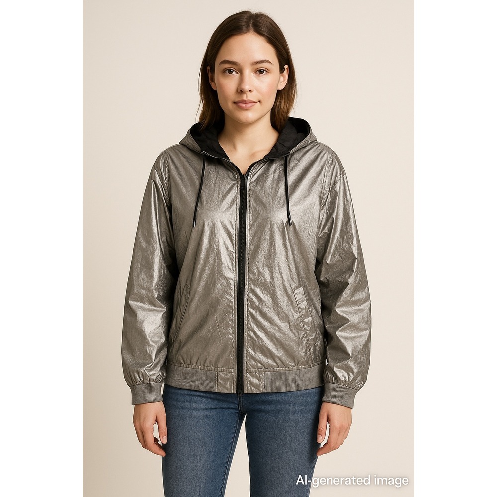 NWT Tommy Hilfiger Metallic Silver Hooded Windbreaker Jacket Women's XL